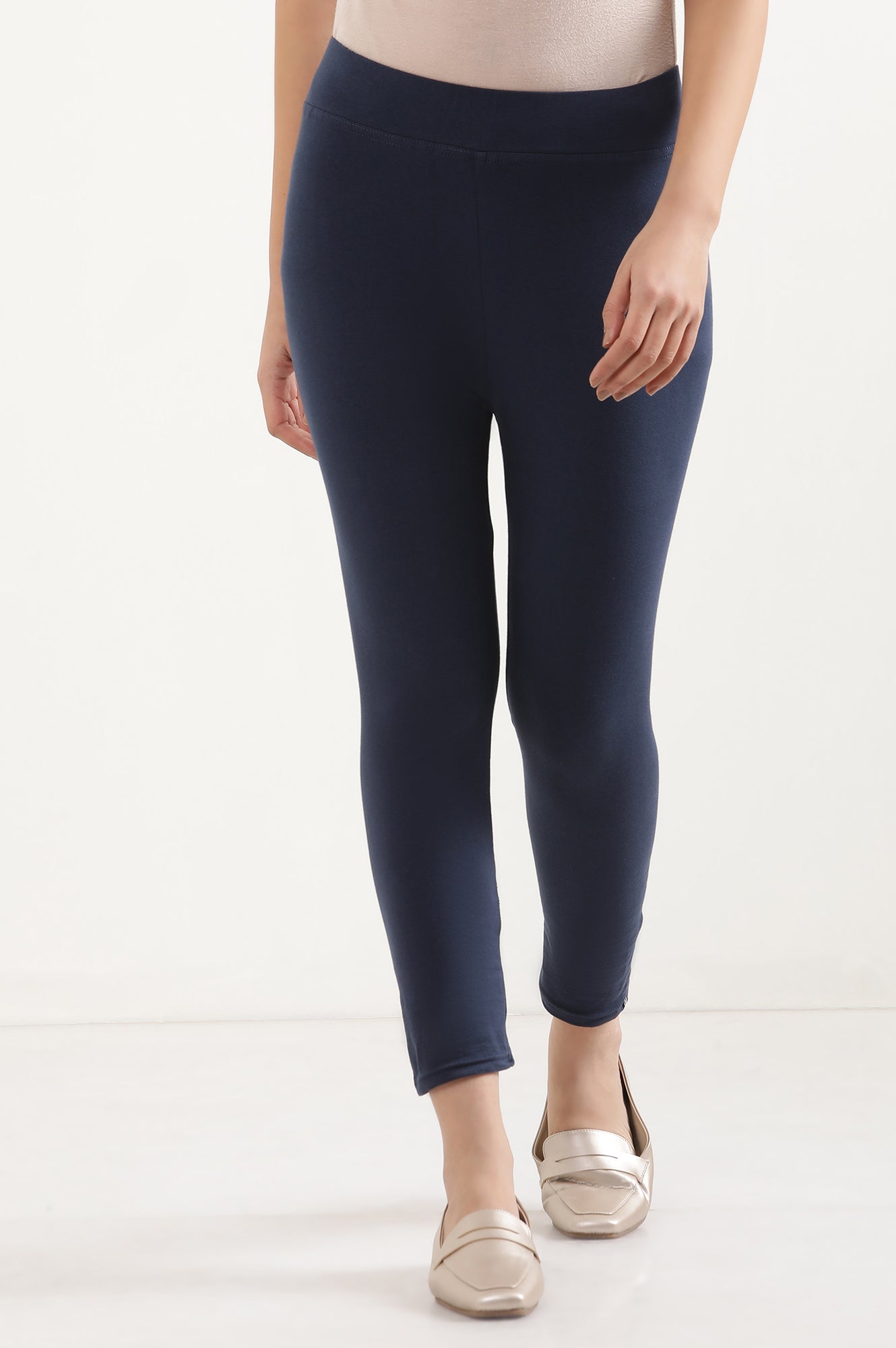 Navy Blue Solid Skinny Fit Cotton Cropped Tights With Elasticated Waistband