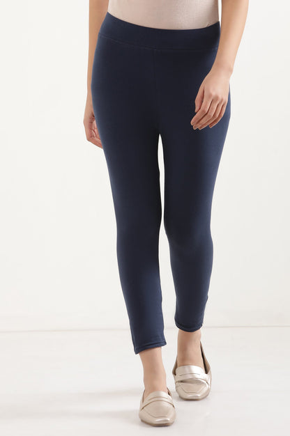 Navy Blue Solid Skinny Fit Cotton Cropped Tights With Elasticated Waistband