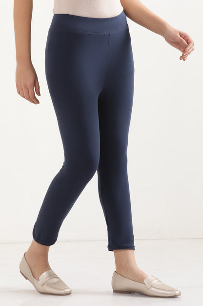 Navy Blue Solid Skinny Fit Cotton Cropped Tights With Elasticated Waistband