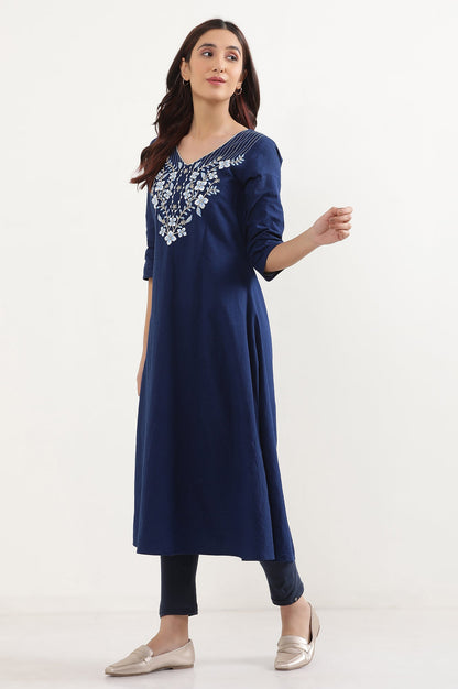 Navy Blue Solid Skinny Fit Cotton Cropped Tights With Elasticated Waistband