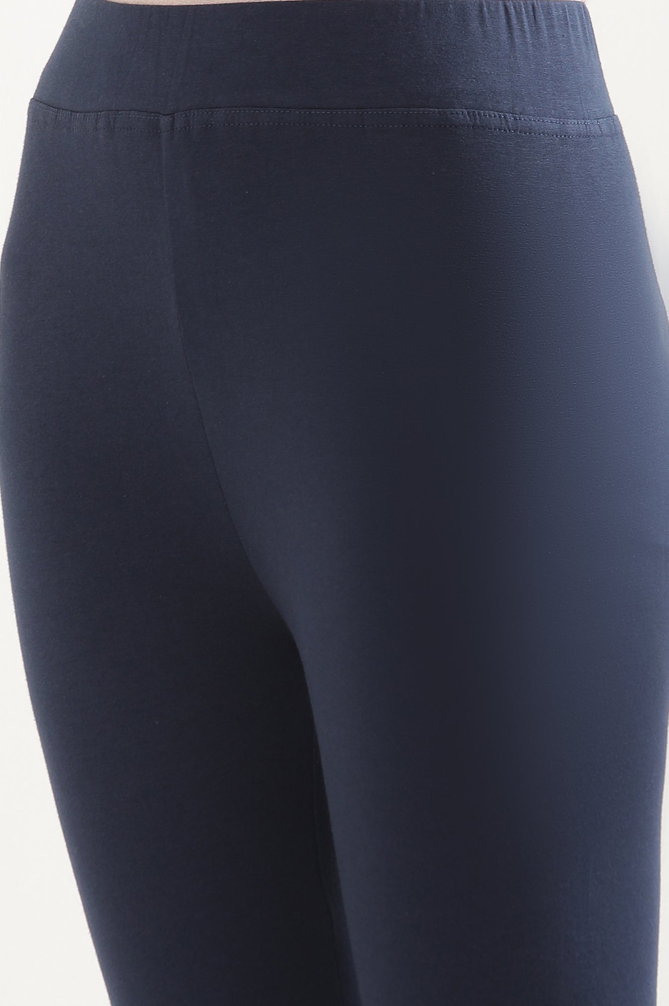 Navy Blue Solid Skinny Fit Cotton Cropped Tights With Elasticated Waistband