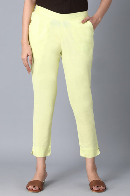 Yellow Solid Straight Fit Cotton Pants With Elasticated Waist