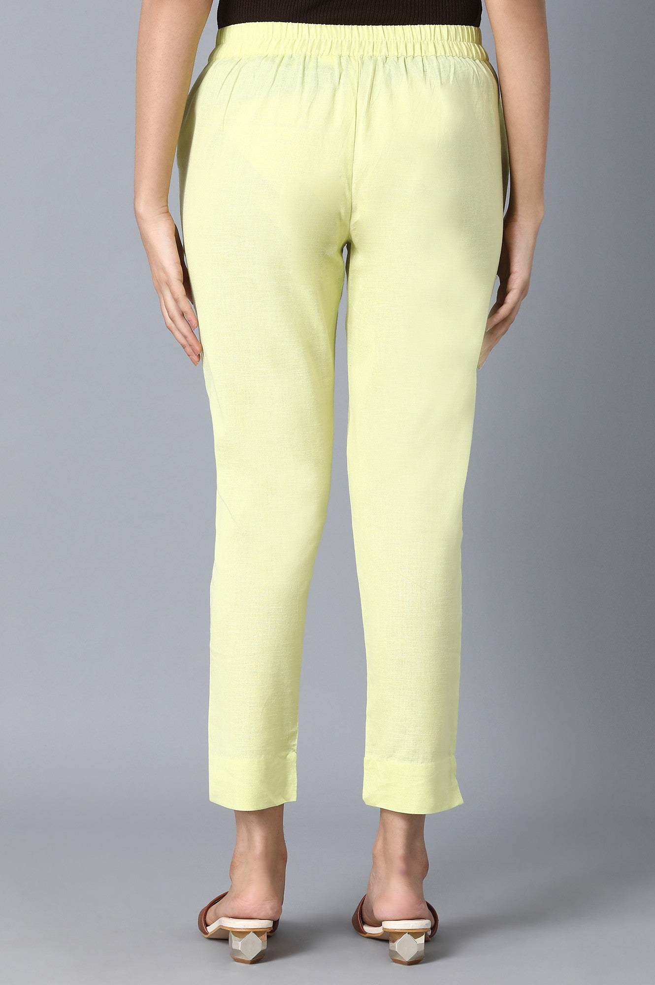 Yellow Solid Straight Fit Cotton Pants With Elasticated Waist