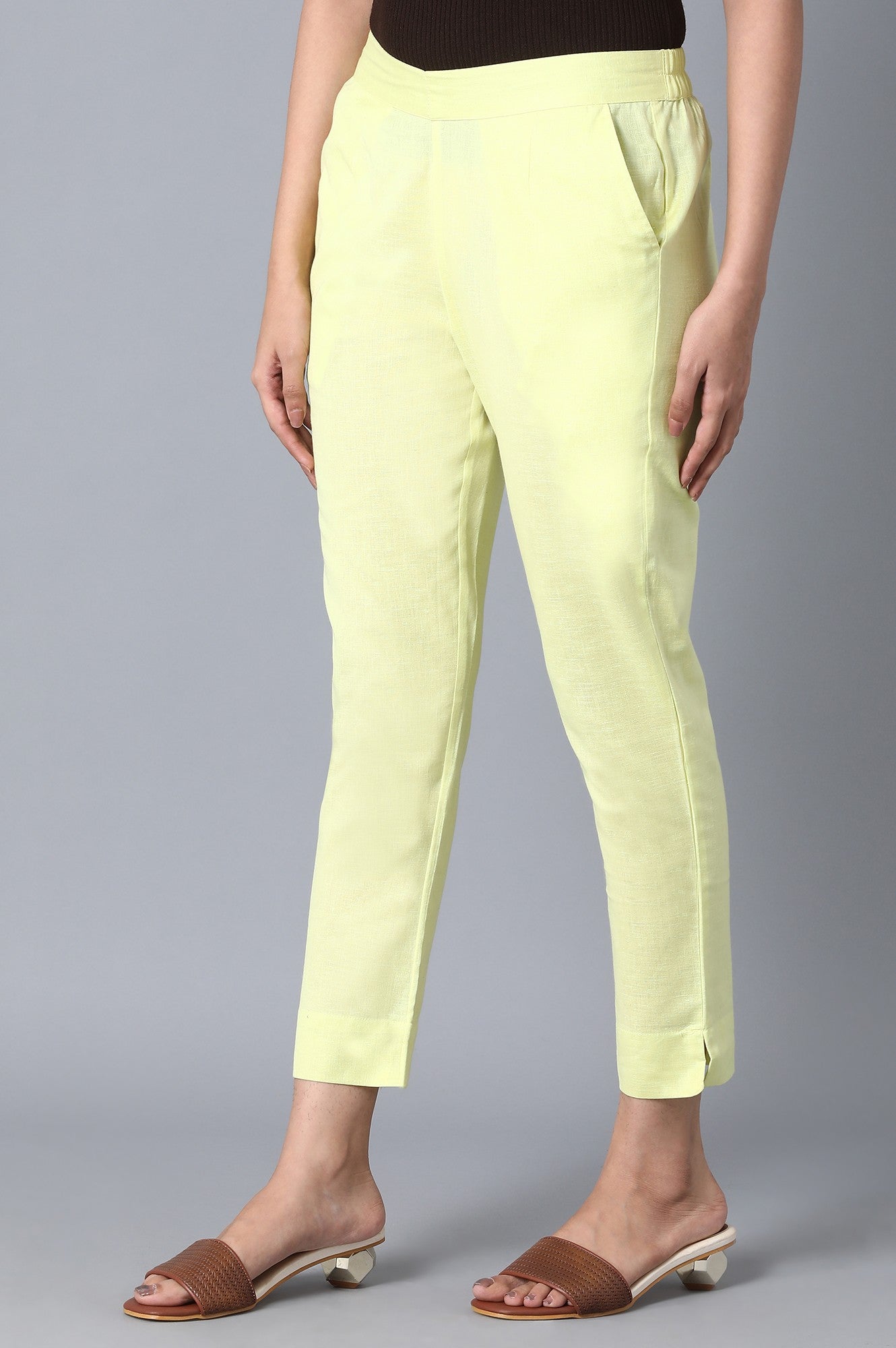 Yellow Solid Straight Fit Cotton Pants With Elasticated Waist