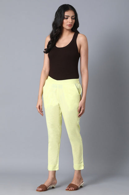 Yellow Solid Straight Fit Cotton Pants With Elasticated Waist