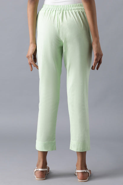 Muted Sage Green Solid Straight Fit Cotton Trousers With Roll Up Hem
