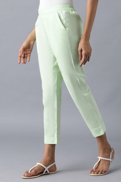 Muted Sage Green Solid Straight Fit Cotton Trousers With Roll Up Hem