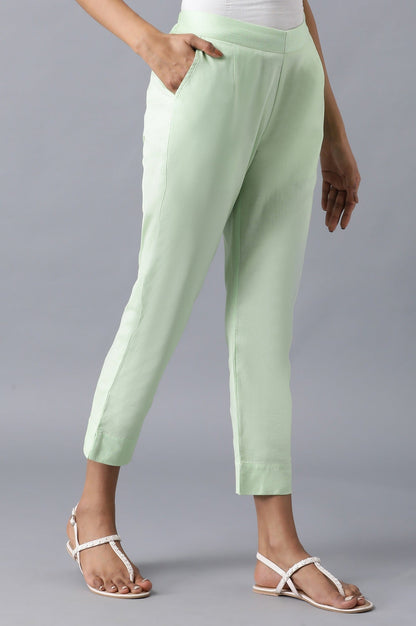 Muted Sage Green Solid Straight Fit Cotton Trousers With Roll Up Hem