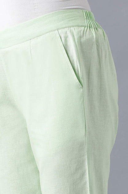Muted Sage Green Solid Straight Fit Cotton Trousers With Roll Up Hem