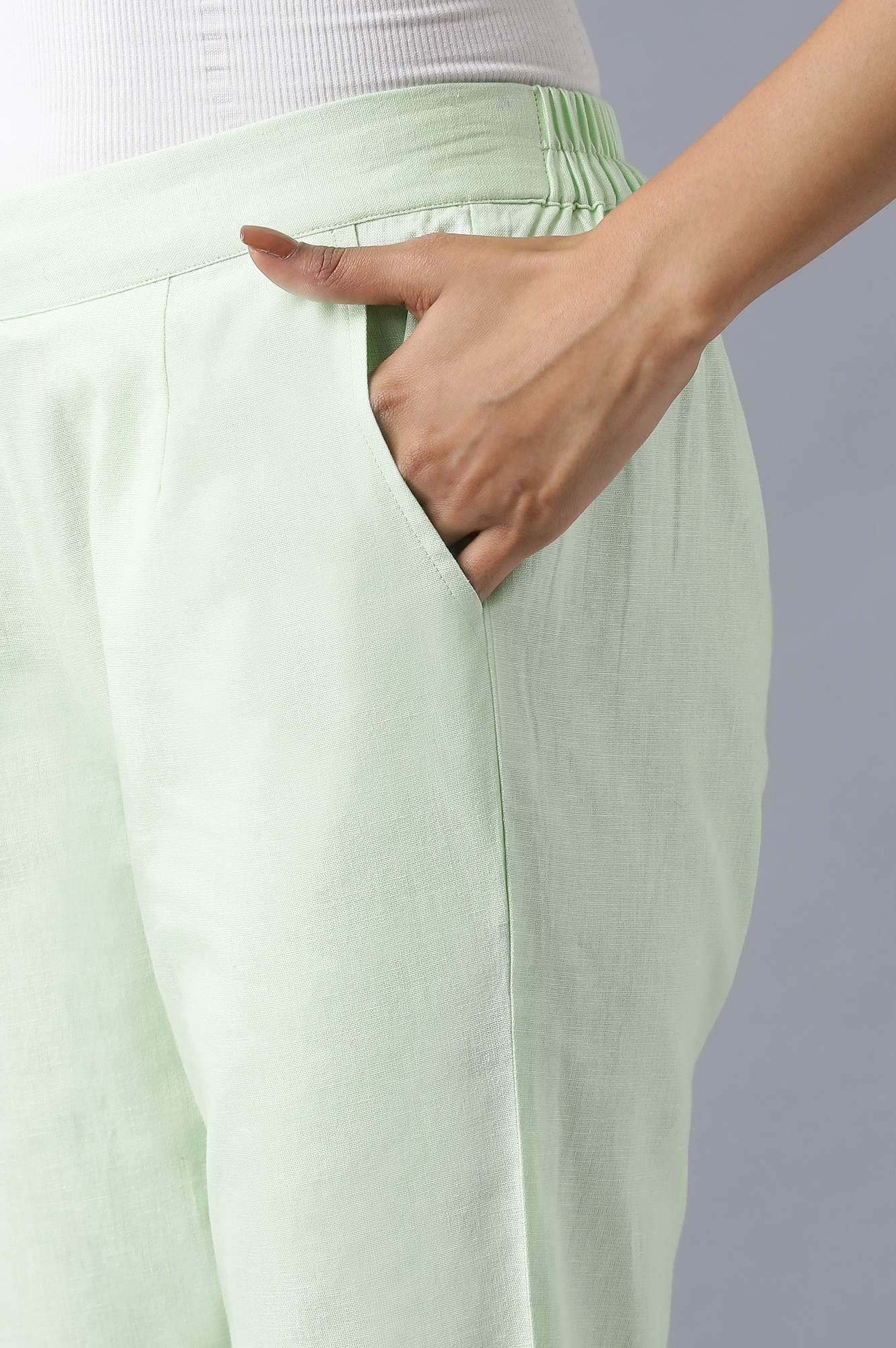 Muted Sage Green Solid Straight Fit Cotton Trousers With Roll Up Hem