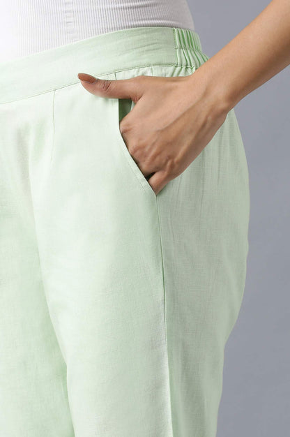 Muted Sage Green Solid Straight Fit Cotton Trousers With Roll Up Hem