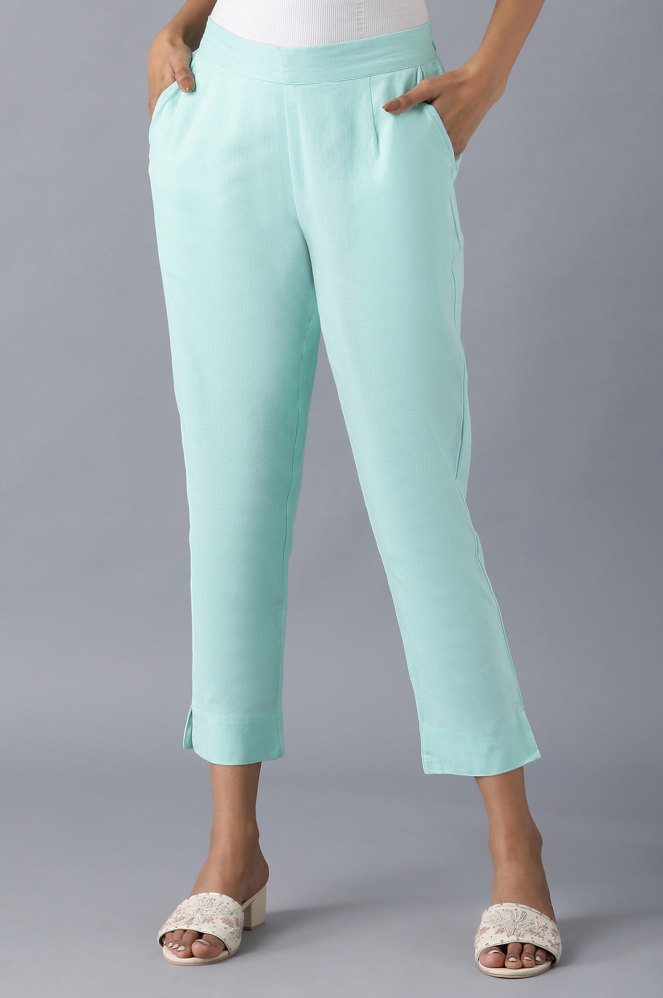 Light Blue Solid Straight Fit Cotton Trousers With Roll Up Hem