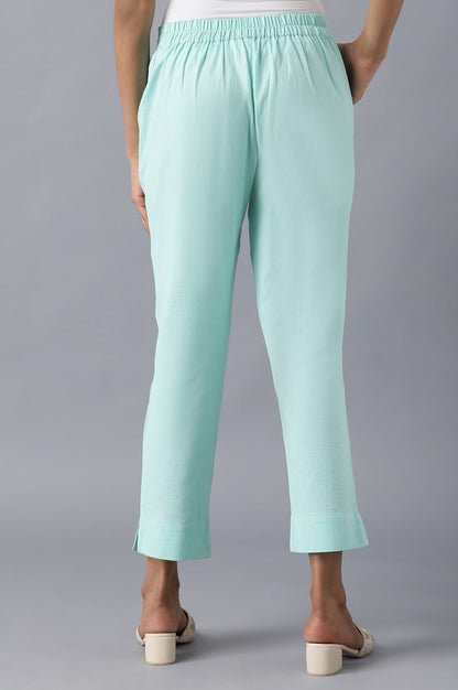 Light Blue Solid Straight Fit Cotton Trousers With Roll Up Hem