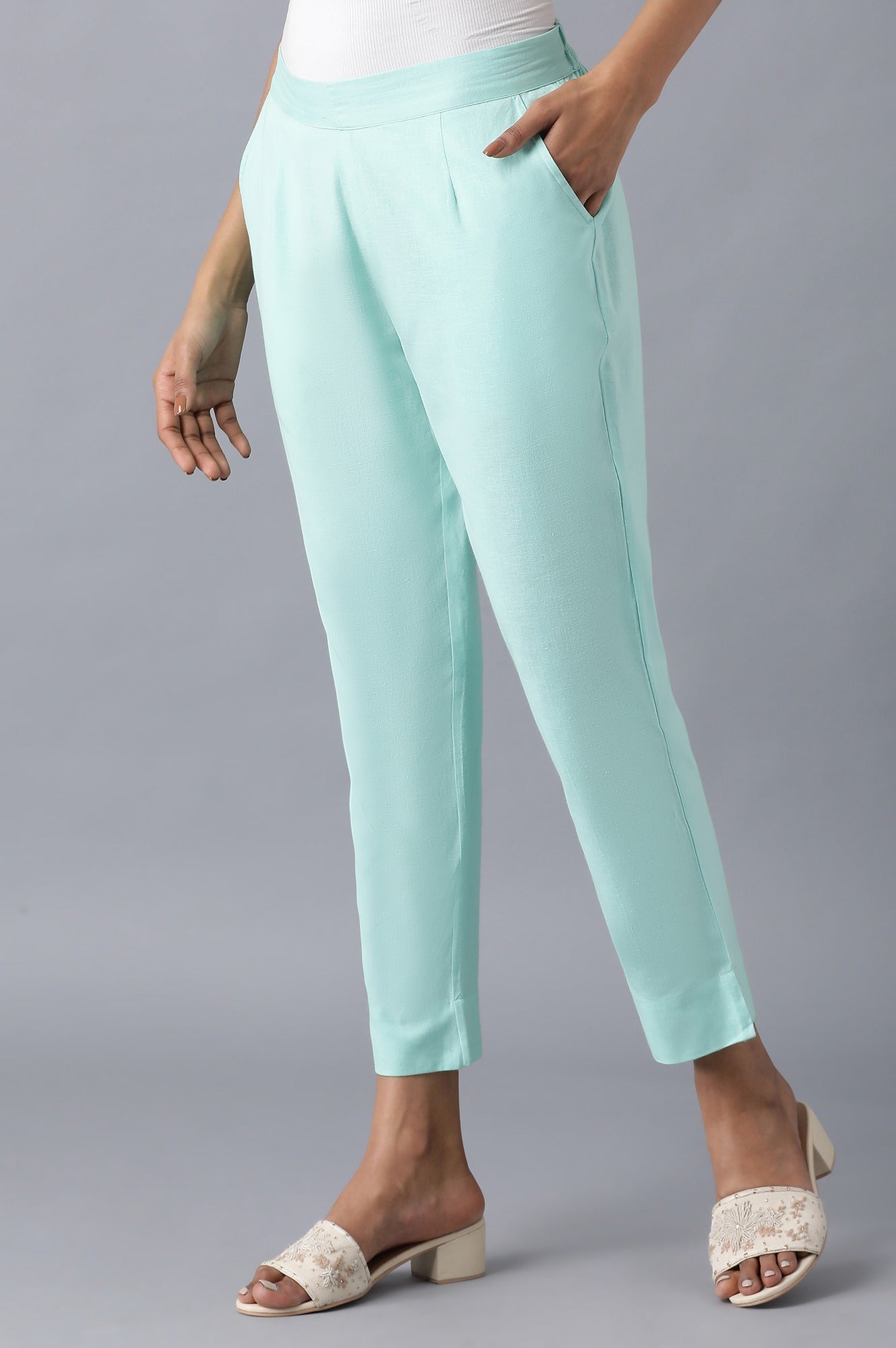 Light Blue Solid Straight Fit Cotton Trousers With Roll Up Hem