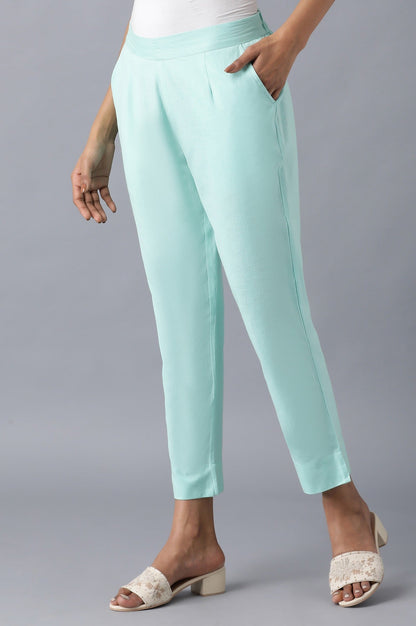Light Blue Solid Straight Fit Cotton Trousers With Roll Up Hem