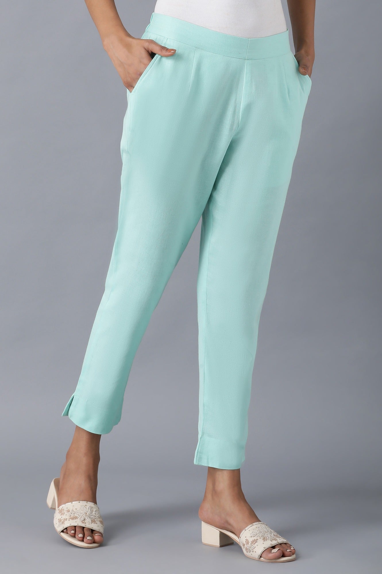 Light Blue Solid Straight Fit Cotton Trousers With Roll Up Hem