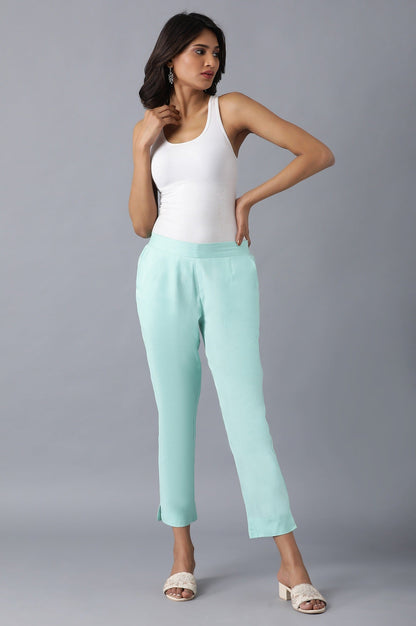 Light Blue Solid Straight Fit Cotton Trousers With Roll Up Hem