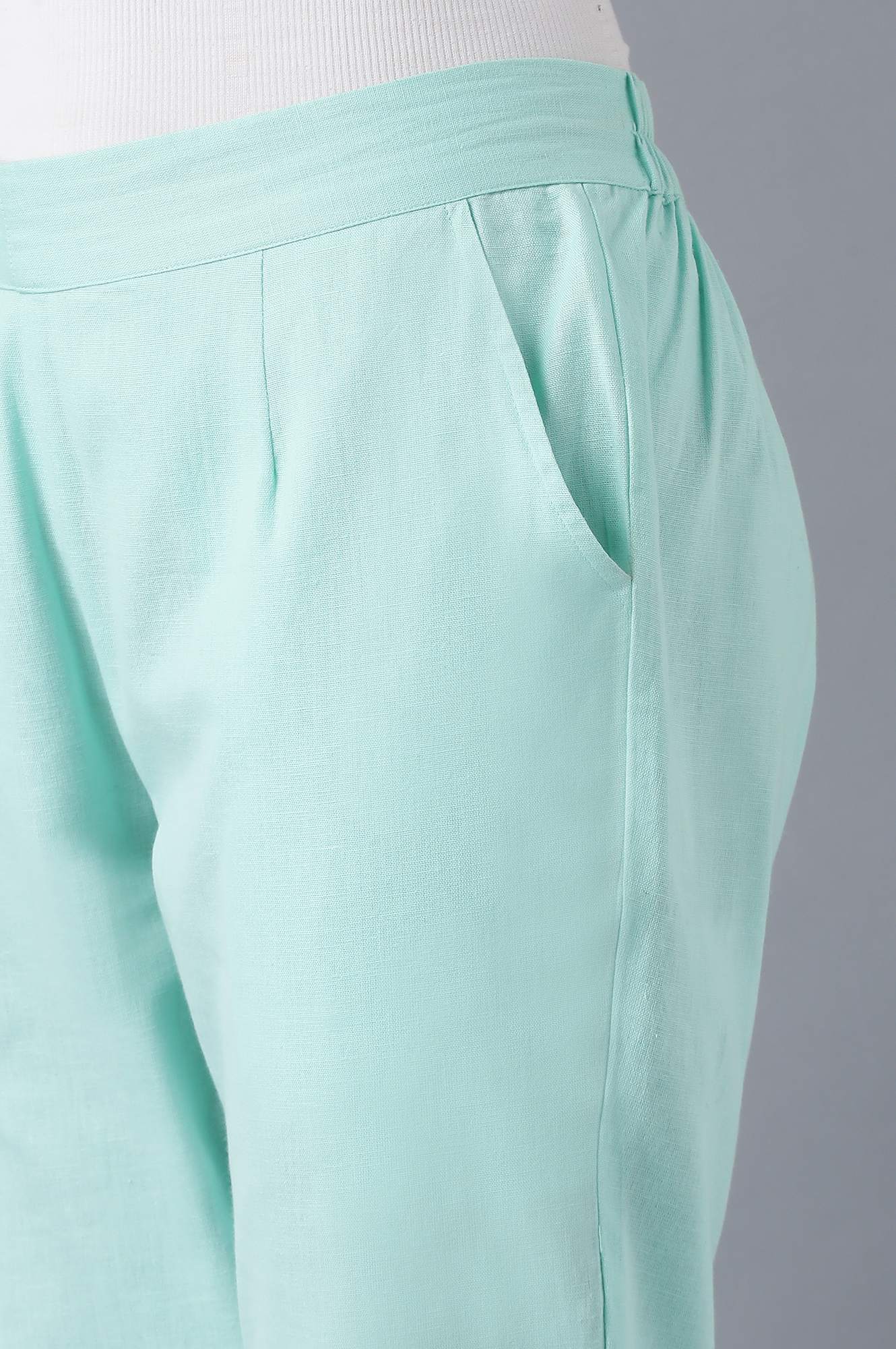 Light Blue Solid Straight Fit Cotton Trousers With Roll Up Hem