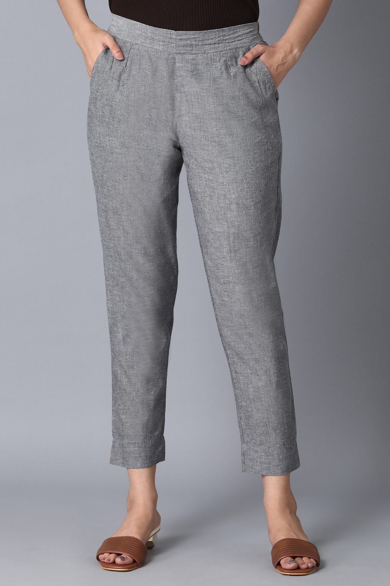 Grey Solid Straight Fit Cotton Pants With Elasticated Waist