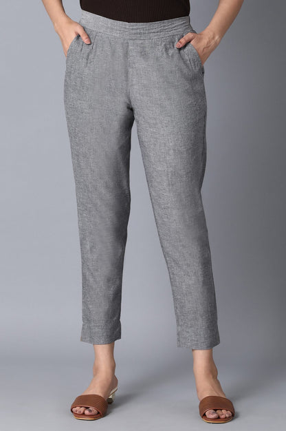 Grey Solid Straight Fit Cotton Pants With Elasticated Waist