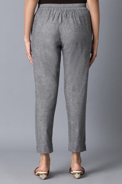 Grey Solid Straight Fit Cotton Pants With Elasticated Waist