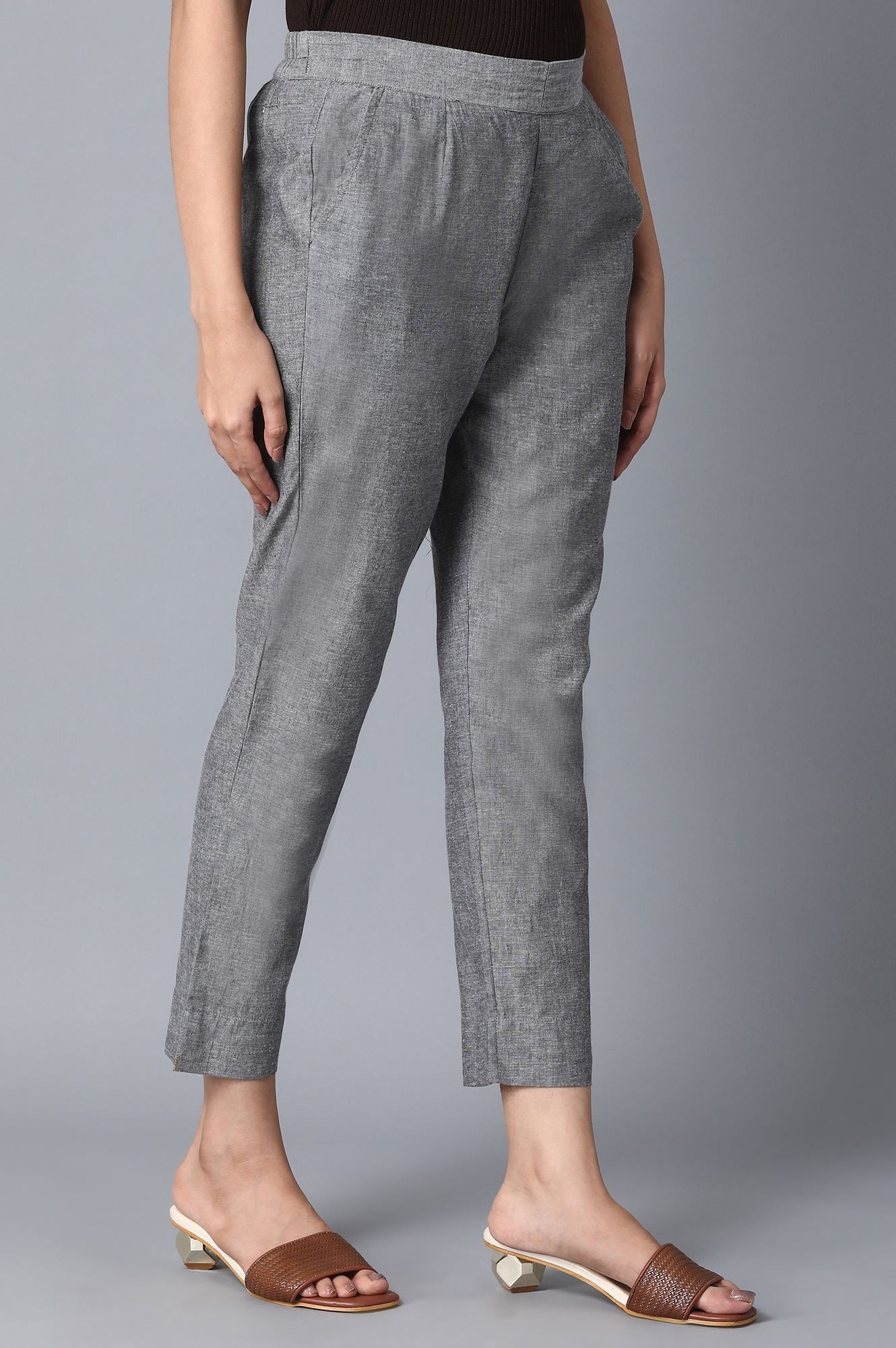 Grey Solid Straight Fit Cotton Pants With Elasticated Waist