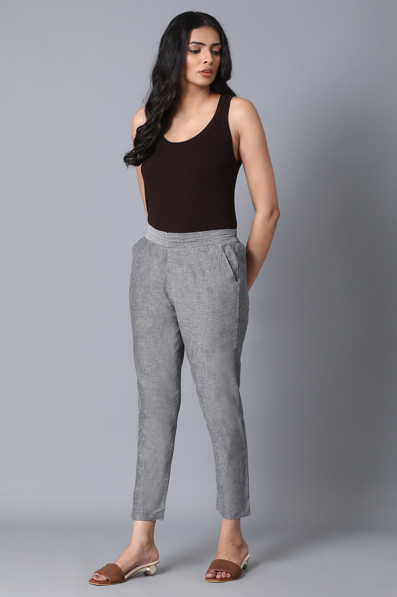 Grey Solid Straight Fit Cotton Pants With Elasticated Waist
