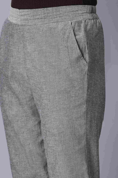 Grey Solid Straight Fit Cotton Pants With Elasticated Waist