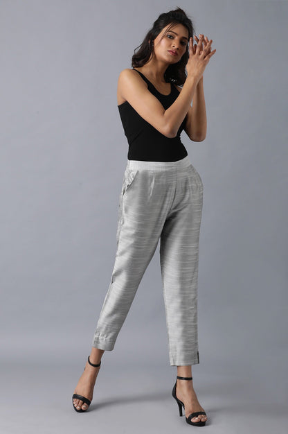 Grey Solid Straight Fit Woven Trousers With Side Pockets
