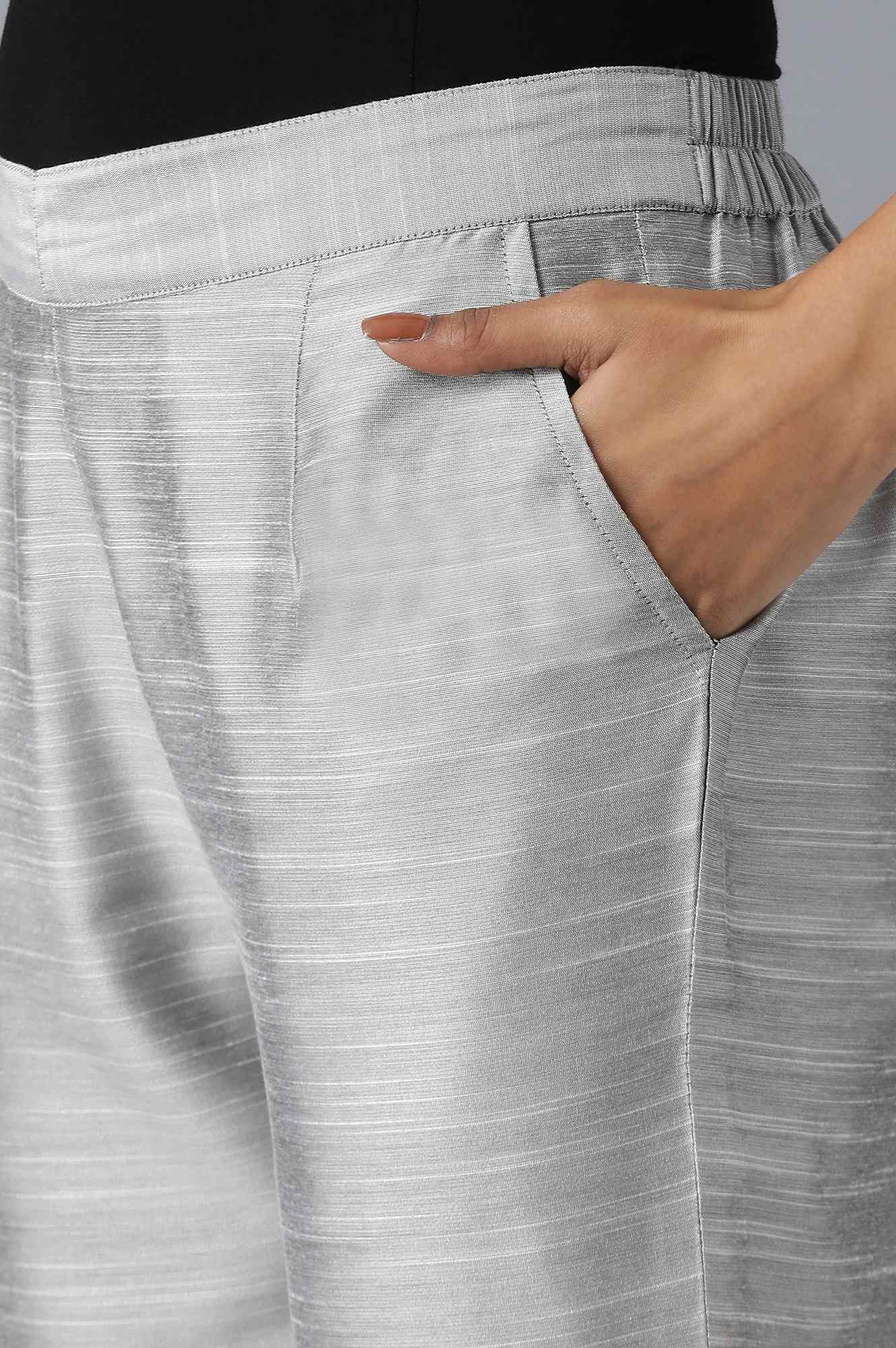 Grey Solid Straight Fit Woven Trousers With Side Pockets