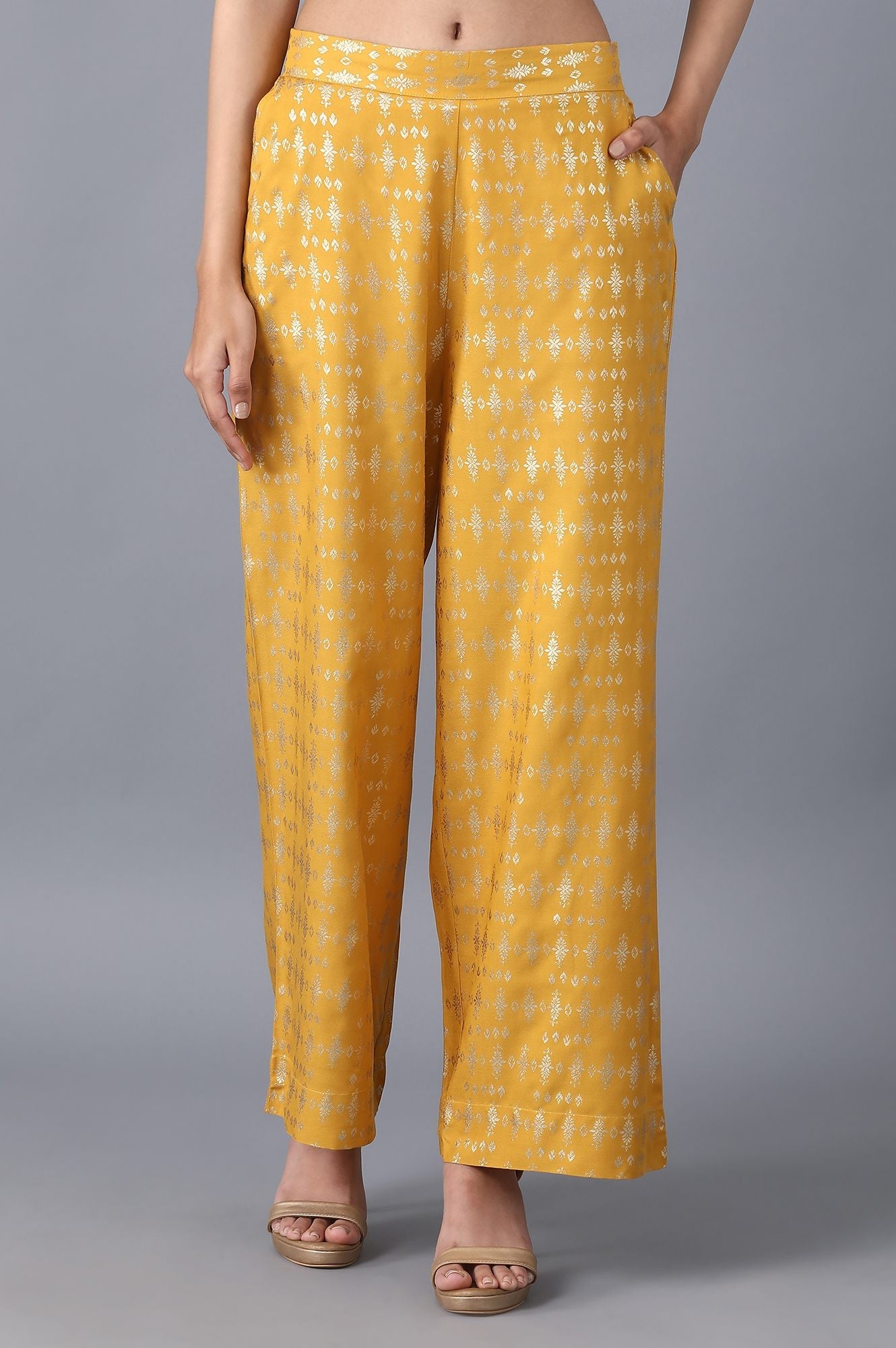 Yellow Floral Printed Straight Fit Cotton Palazzo With Elasticated Waist