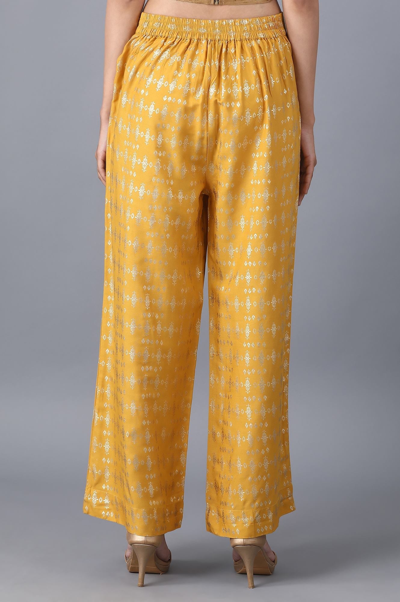 Yellow Floral Printed Straight Fit Cotton Palazzo With Elasticated Waist