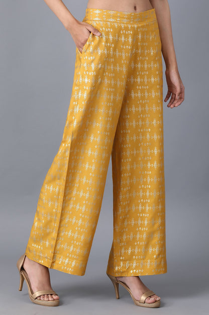 Yellow Floral Printed Straight Fit Cotton Palazzo With Elasticated Waist
