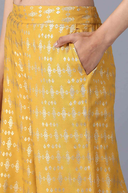 Yellow Floral Printed Straight Fit Cotton Palazzo With Elasticated Waist