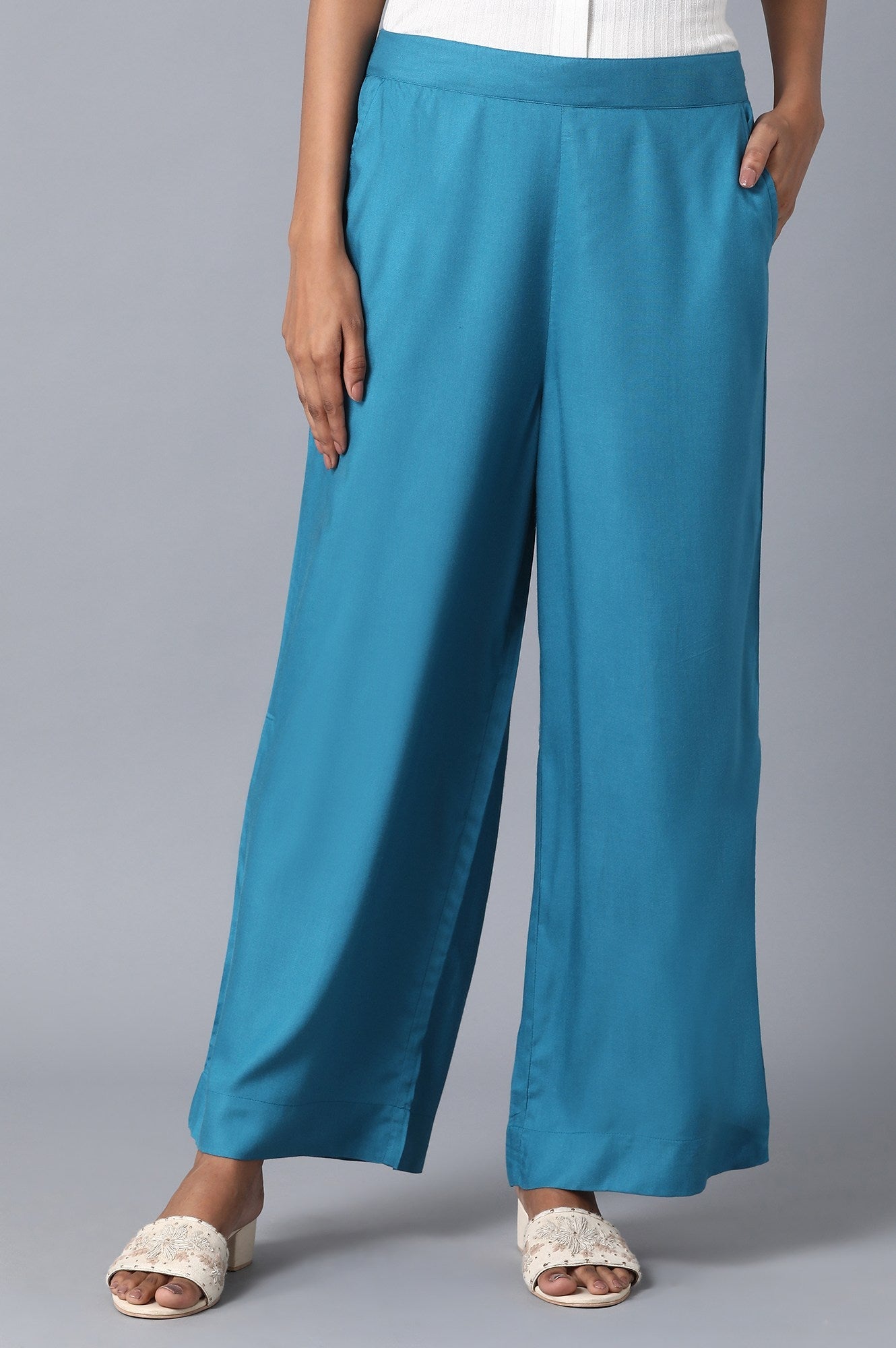 Blue Solid Wide Leg Cotton Palazzo With Elasticated Waist