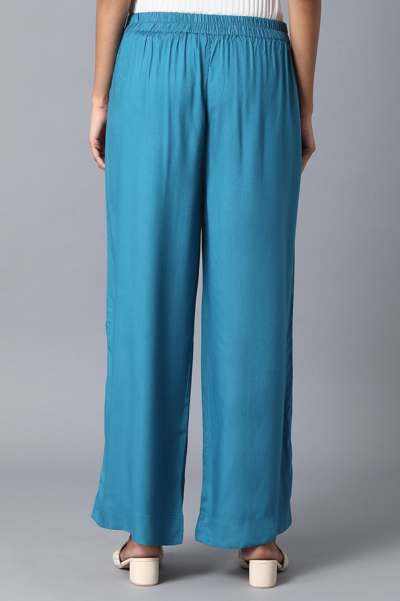 Blue Solid Wide Leg Cotton Palazzo With Elasticated Waist