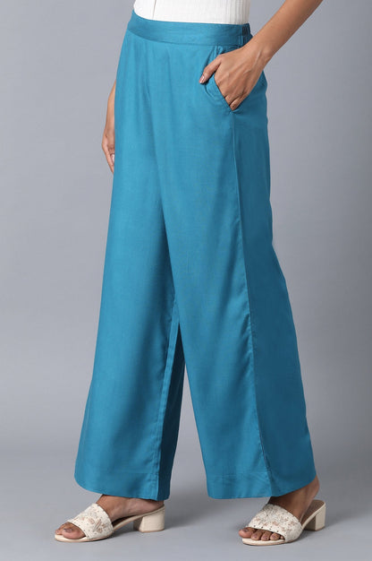Blue Solid Wide Leg Cotton Palazzo With Elasticated Waist