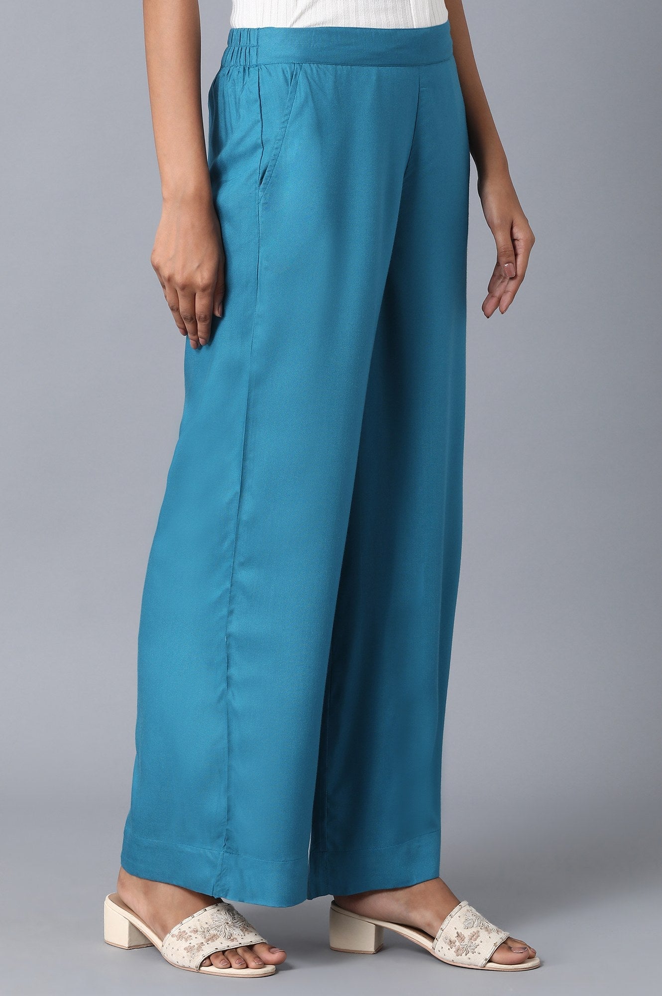 Blue Solid Wide Leg Cotton Palazzo With Elasticated Waist