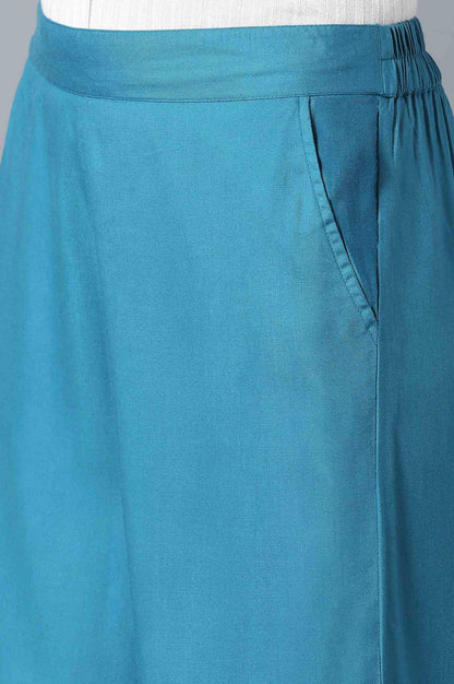 Blue Solid Wide Leg Cotton Palazzo With Elasticated Waist