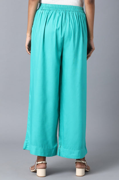 Green Solid Wide Leg Cotton Palazzo With Elasticated Waist