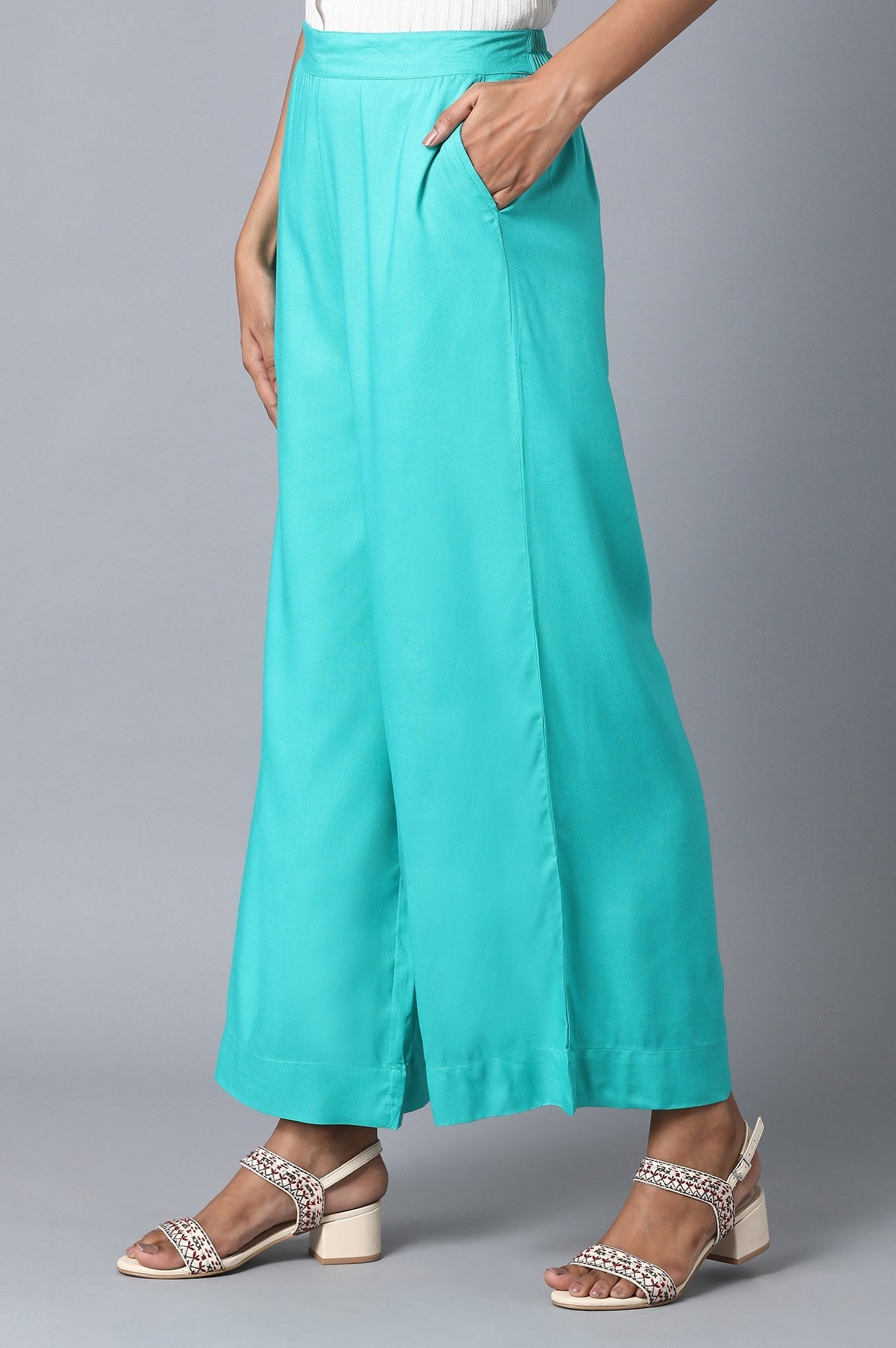 Green Solid Wide Leg Cotton Palazzo With Elasticated Waist