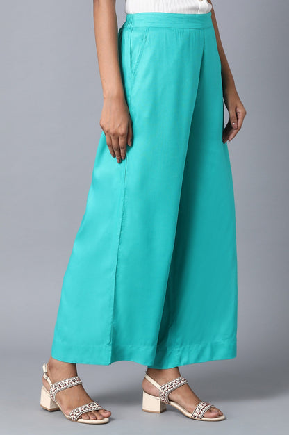 Green Solid Wide Leg Cotton Palazzo With Elasticated Waist