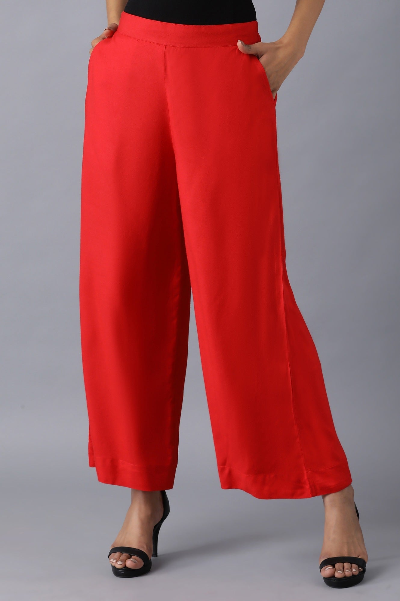 Red Solid Straight Fit Cotton Palazzo With Slip On Closure