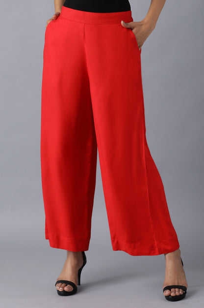 Red Solid Straight Fit Cotton Palazzo With Slip On Closure
