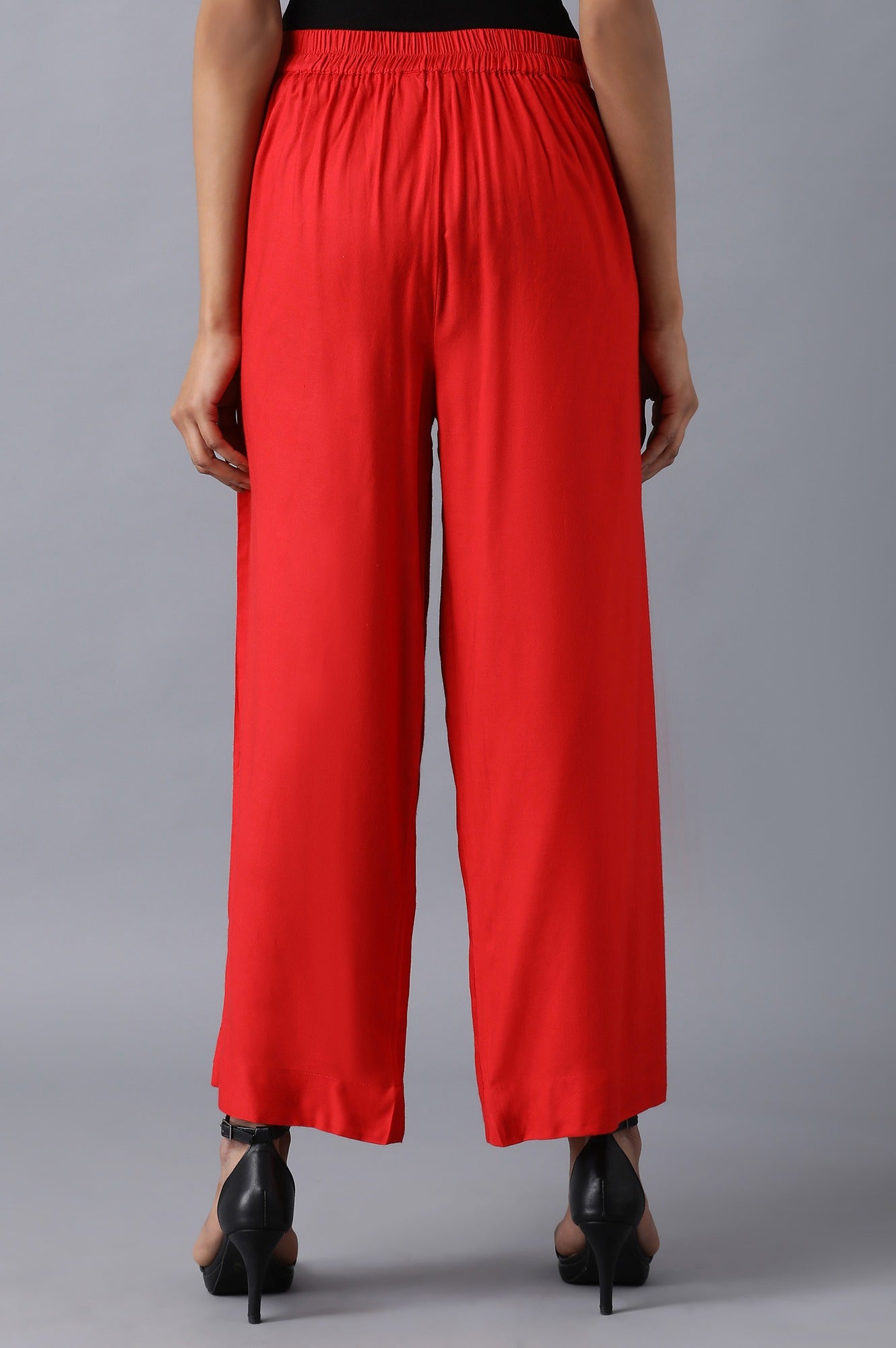 Red Solid Straight Fit Cotton Palazzo With Slip On Closure