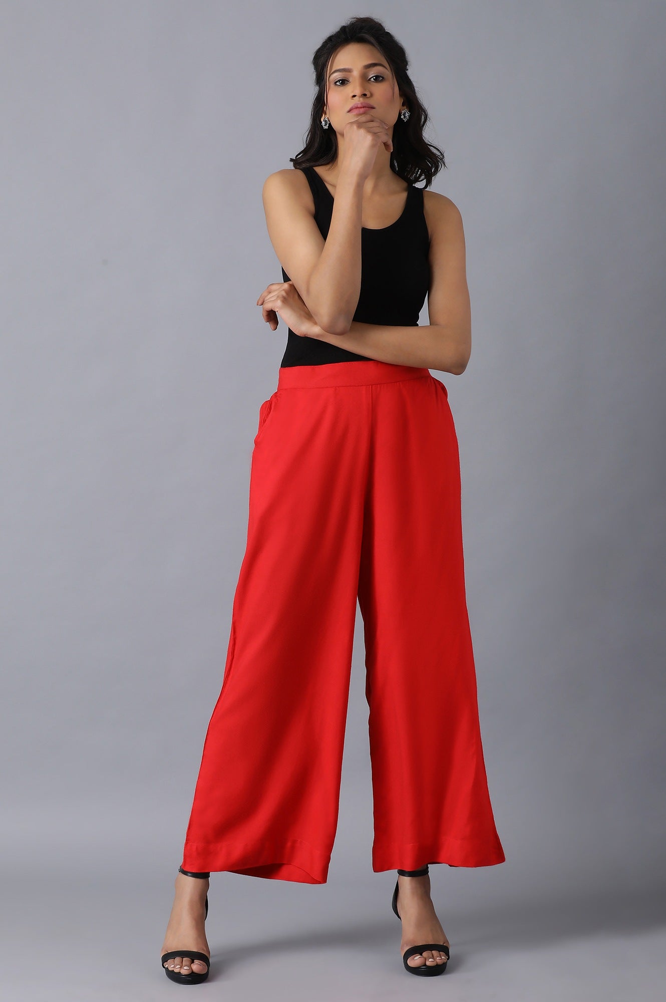 Red Solid Straight Fit Cotton Palazzo With Slip On Closure