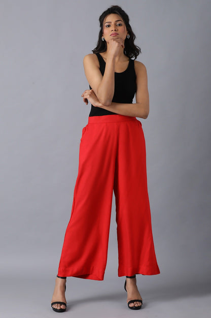 Red Solid Straight Fit Cotton Palazzo With Slip On Closure