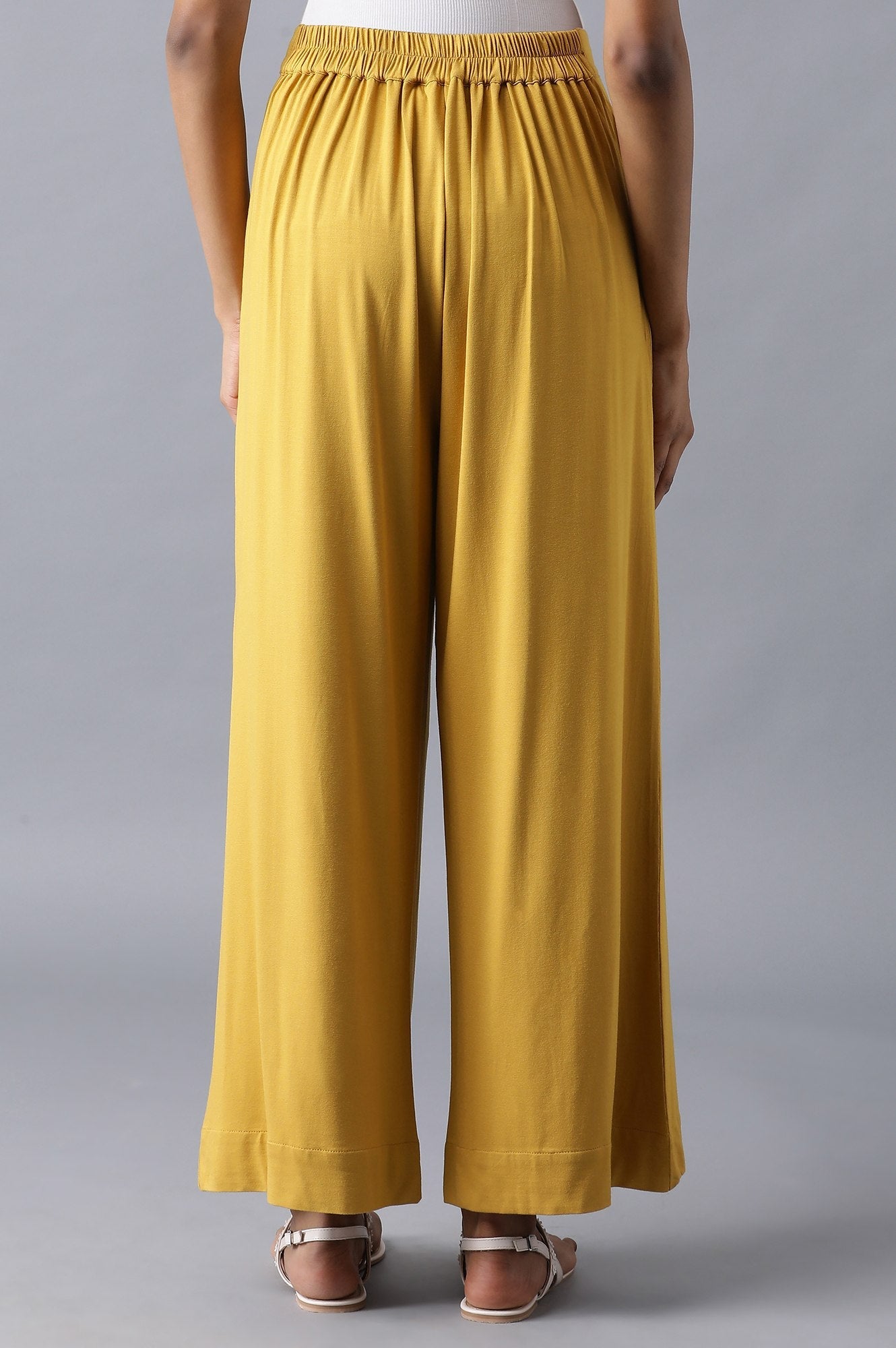 Yellow Solid Straight Fit Cotton Palazzo With Elasticated Waist
