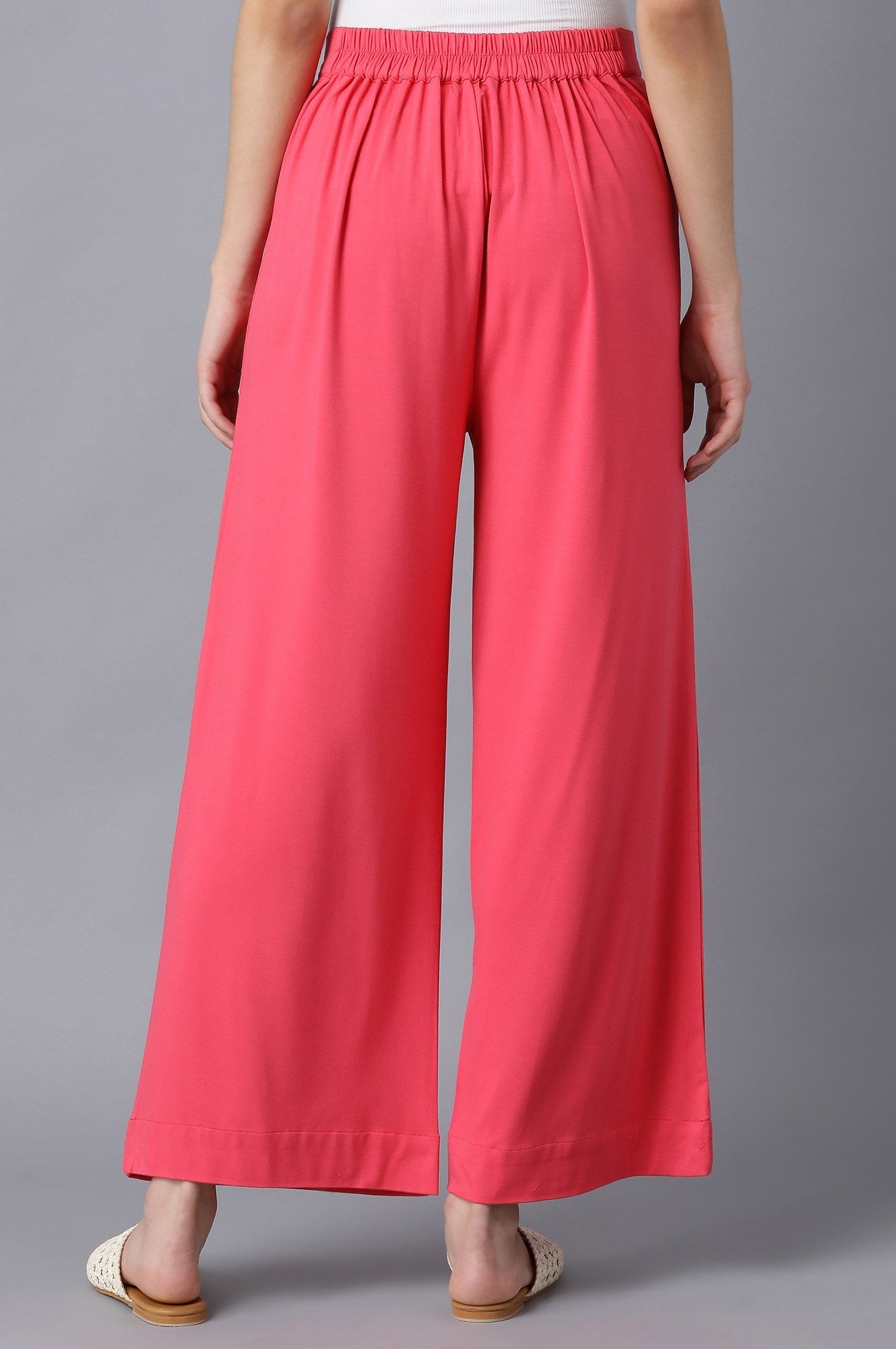 Pink Solid Straight Fit Cotton Palazzo With Elasticated Waist