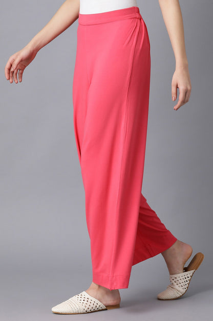 Pink Solid Straight Fit Cotton Palazzo With Elasticated Waist